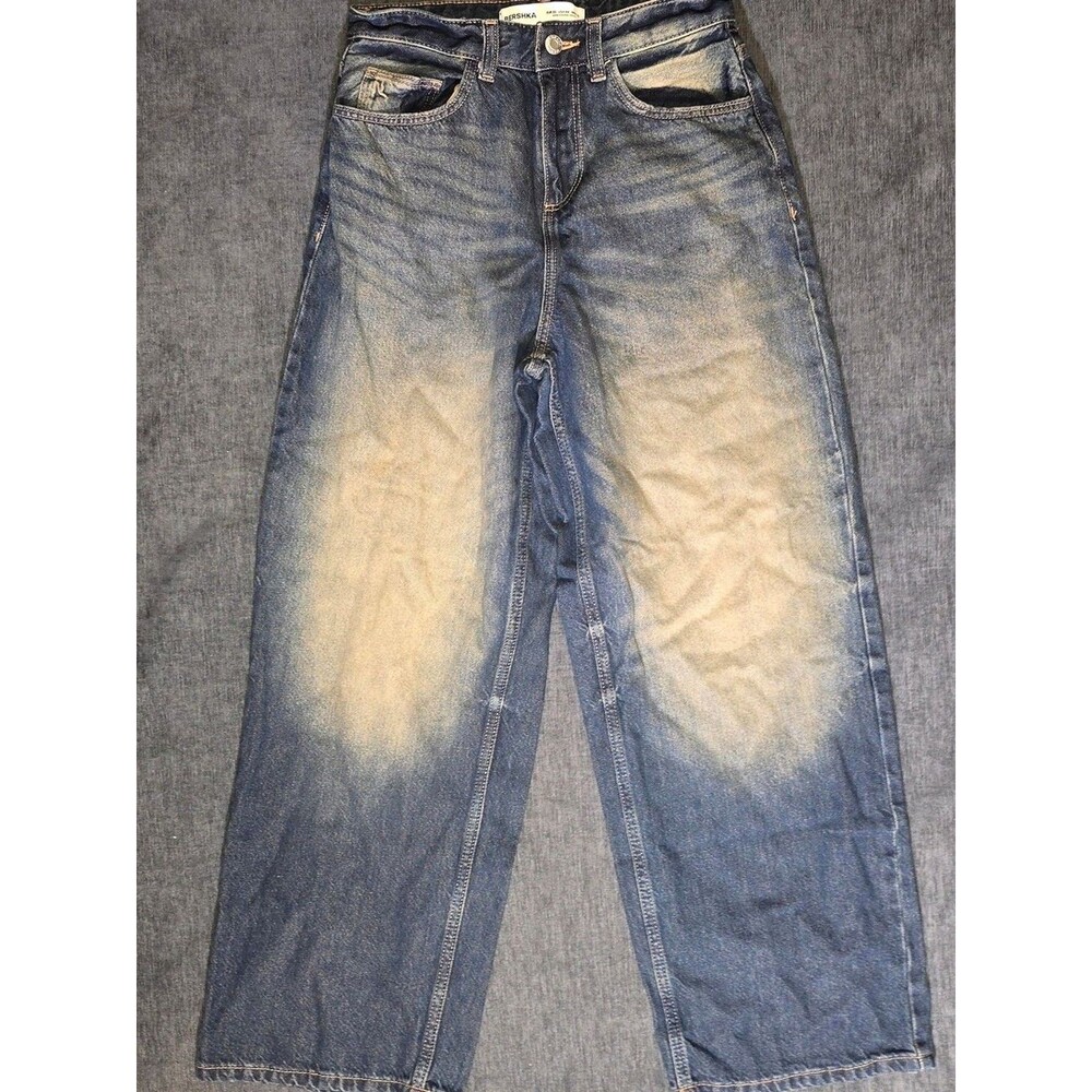 Bershka Two-Tone Distressed Wide-Leg Jeans in Blue and Tan